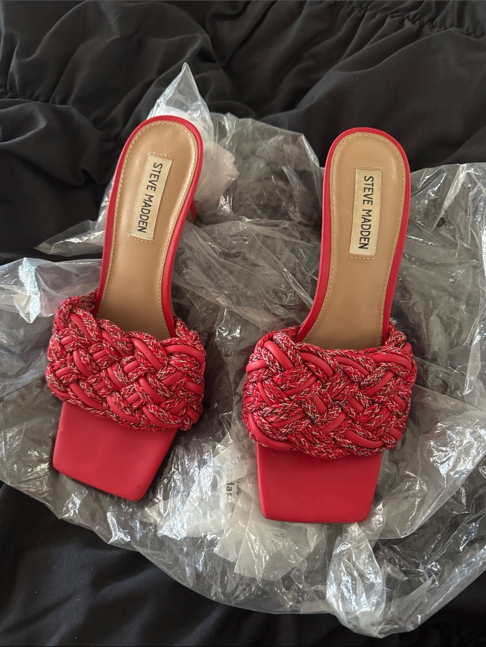 Steve Madden Red Braided Square-Toe Slide Mules